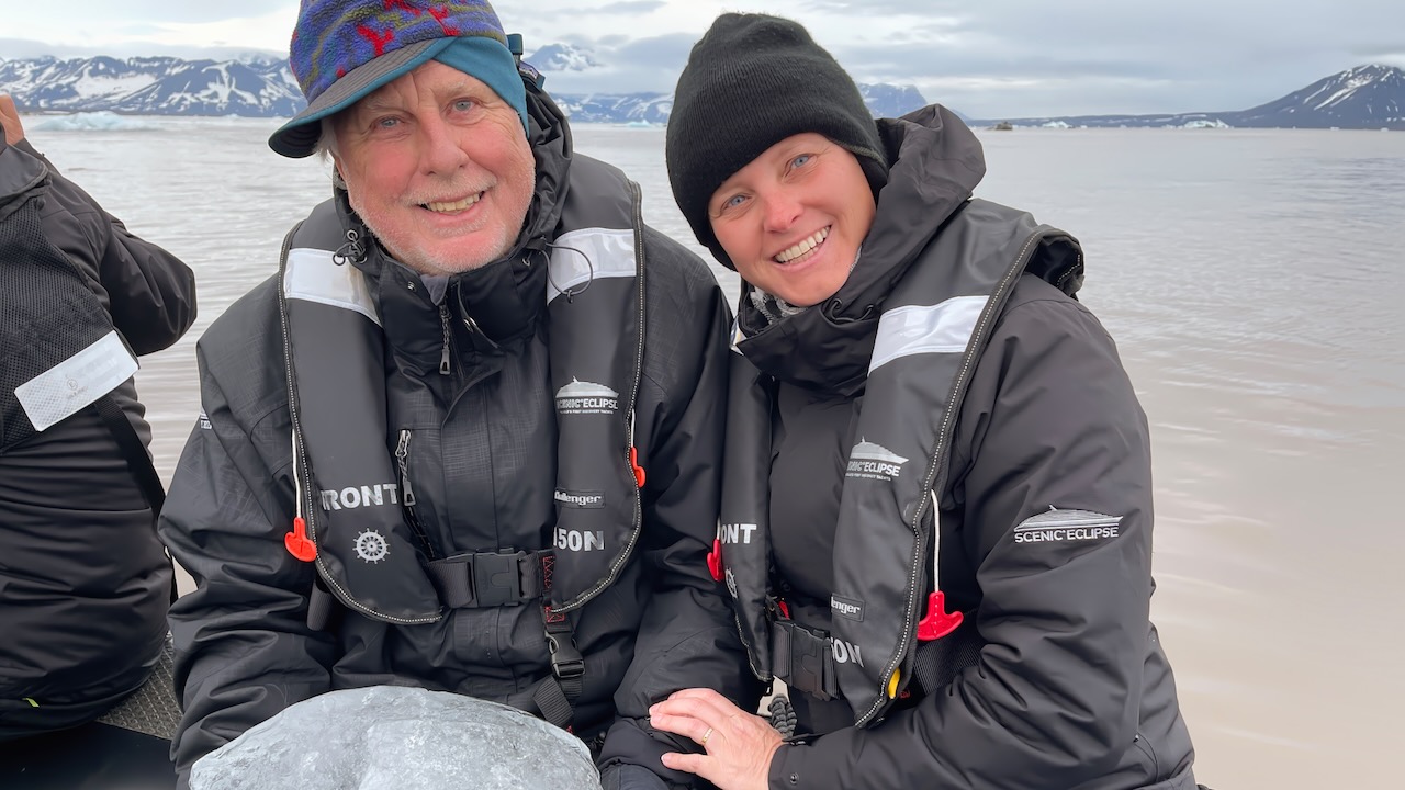 June and Luc on a Zodiac during a polar expedition cruise